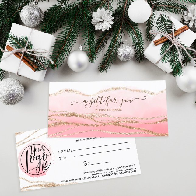 Carte Aquarelle rose or parties scintillant logo cadeau  (Créateur téléchargé)
