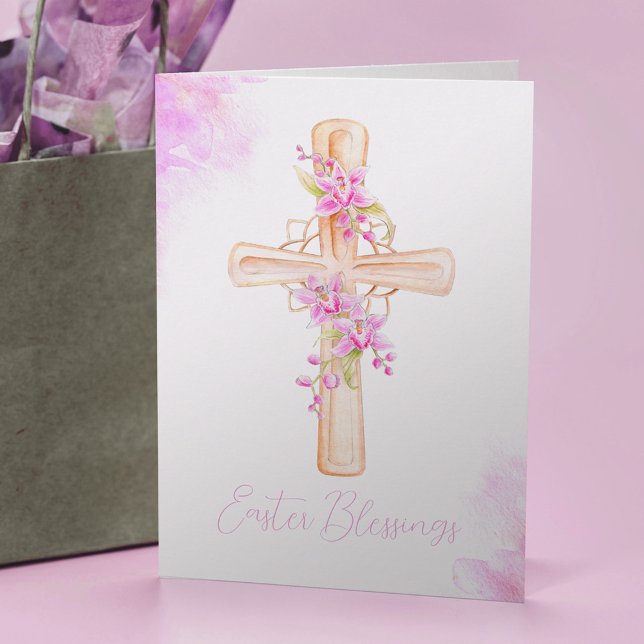 Carte Aquarelle rose orchidée fleurs croisées Pâques (Créateur téléchargé)