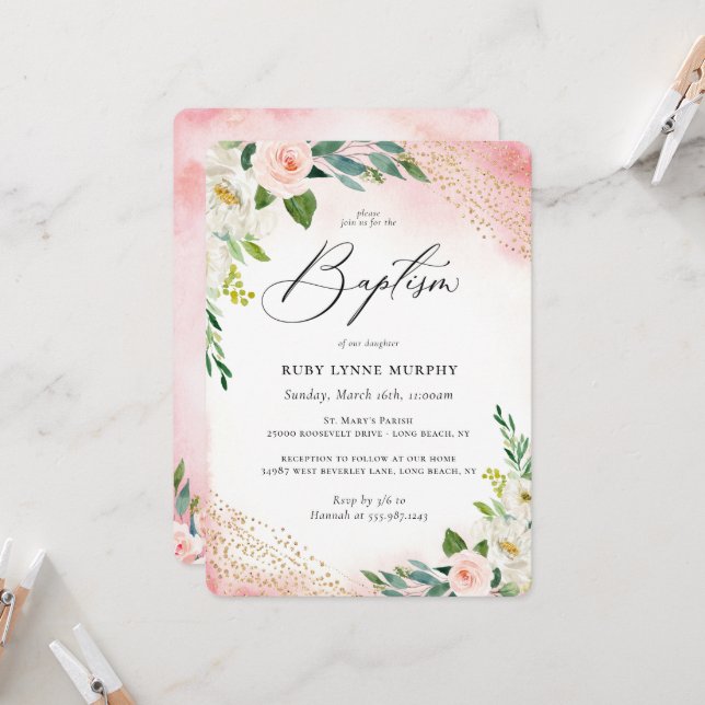 Carte Aquarelle rose pâle Baptême floral (Devant/Arrière en situation)