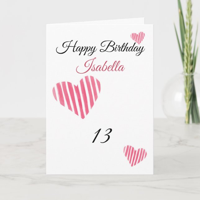 Carte Aquarelle rose pâle Coeurs 13e anniversaire (Devant)