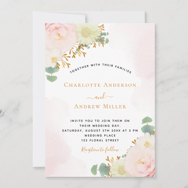 Carte Aquarelle rose pâle rose or mariage (Devant)