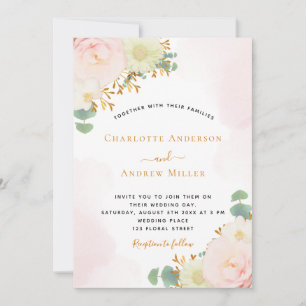 Carte Aquarelle rose pâle rose or mariage