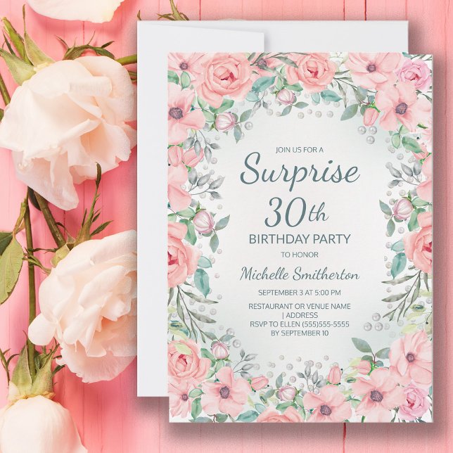 Carte Aquarelle rose perles Roses florales 30e anniversa (Blush pink floral surprise 30th birthday party invitation personalized with your text.)