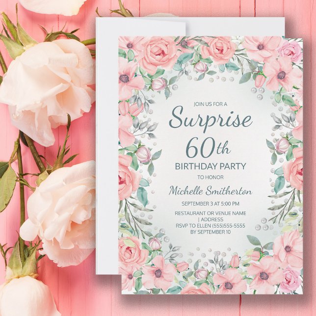 Carte Aquarelle rose perles Roses florales 60e anniversa (Blush pink floral surprise 60th birthday party invitation customized with your text.)