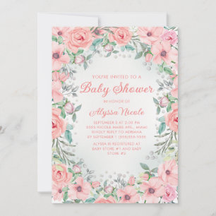 Carte Aquarelle rose Rose Baby shower perles florales