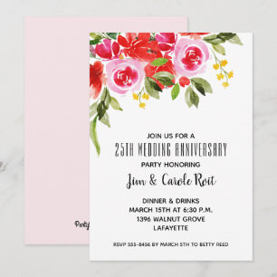 Carte Aquarelle rose rouge Floral Anniversaire Invitatio