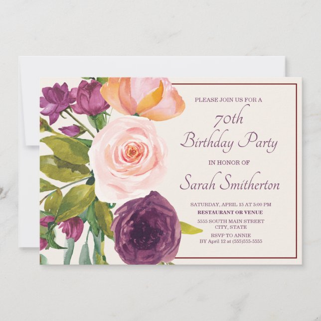 Carte Aquarelle rose violet 70e (Devant)