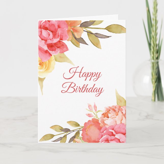 Carte Aquarelle Roses et pivoines Anniversaire féminin (Devant)