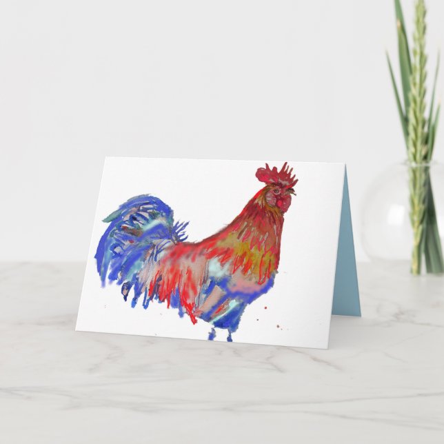 Carte Aquarelle rouge et bleu au poulet Cockerel (Devant)