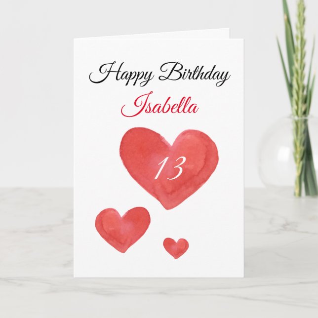 Carte Aquarelle rouge mignonne Coeur 13e anniversaire (Devant)