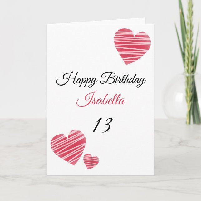 Carte Aquarelle rouge rayée Coeurs 13e anniversaire (Devant)