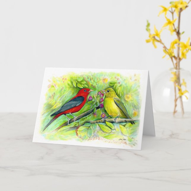 Carte Aquarelle Scarlet Tanagers Joyeux anniversaire (Fleur jaune)