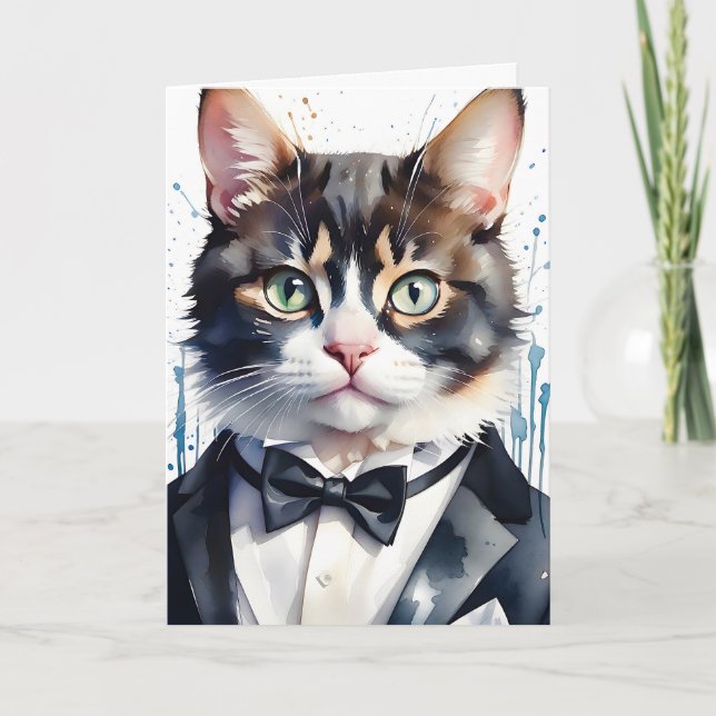 Carte Aquarelle Tabby Cat dans une Cravate Tuxedo et Bla (Devant)