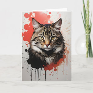 Carte Aquarelle Tabby Cat Splatt Art Rouge et Noir