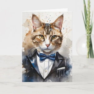 Carte Aquarelle Tabby Cat Tuxedo et bleu Cravate Bow Blo