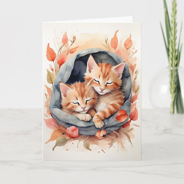 Carte Aquarelle Tabby Kittens Fleurs couchage Blanc (Devant)