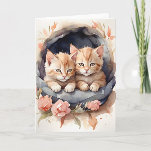 Carte Aquarelle Tabby Kittens Frères Fleurs Vide