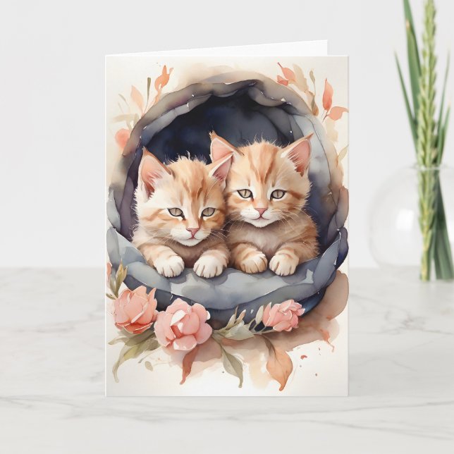 Carte Aquarelle Tabby Kittens Frères Fleurs Vide (Devant)