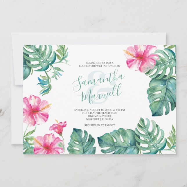 Carte Aquarelle tropicale Hibiscus Fleur Couples Douche (Devant)