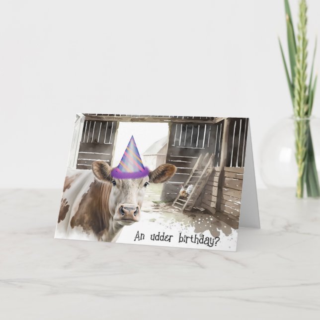 Carte Aquarelle Vache d'anniversaire dans la grange (Devant)