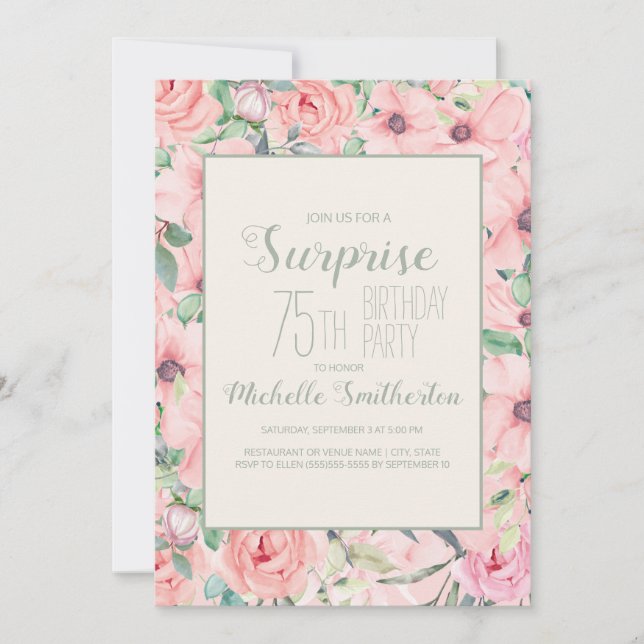 Carte Aquarelle verte de Monnaie rose Floral 75e anniver (Devant)