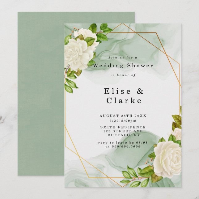 Carte Aquarelle verte Rose blanche Wedding shower Invita (Devant / Derrière)