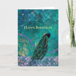 Carte Aquarelle vintage verte pourpre paon Aquarelle Ann