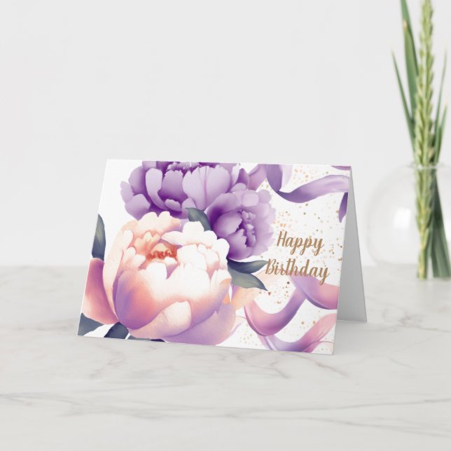 Carte Aquarelle violet et brindille d'eau Peony Annivers (Devant)