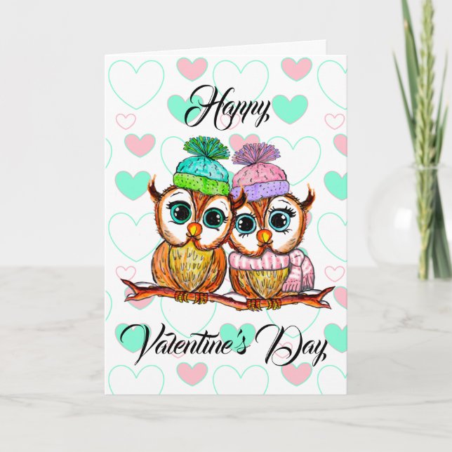 Carte Aquarelles Hiboux | Saint Valentin | Je t'aime (Devant)