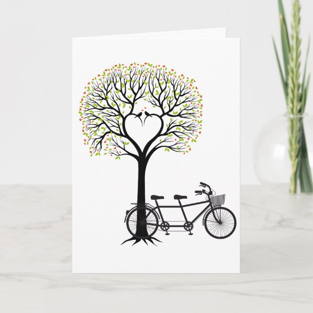 Carte Arbre cœur avec oiseaux et bicyclette tandem (Devant)