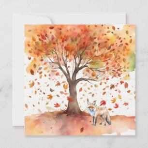 Carte Arbre d'automne avec Feuille en chute et renard aq
