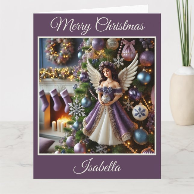 Carte Arbre de Noël avec ange (violet) (Devant)