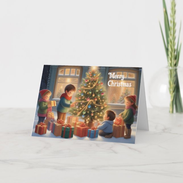 Carte Arbre de Noël avec cadeaux et joie des enfants (Devant)