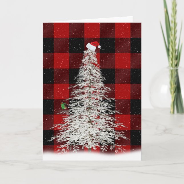 Carte Arbre de Noël blanc avec casquette et oiseau (Devant)