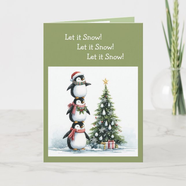 Carte Arbre de Noël du pingouin amusant laissez-le neige (Devant)