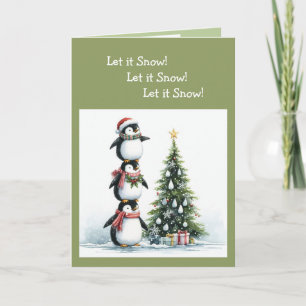 Carte Arbre de Noël du pingouin amusant laissez-le neige