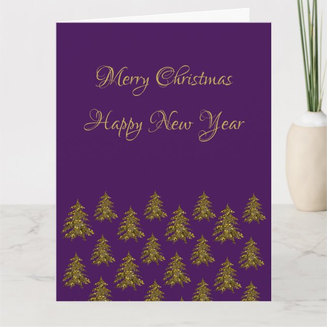 Carte Arbre de Noël en or brillant à Noël violet (Devant)