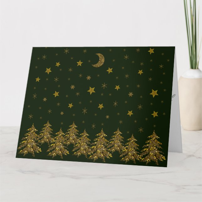 Carte Arbre de Noël en or brillant, lune, étoiles sur ve (Devant)
