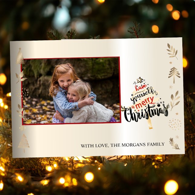 Carte Arbre de Noël en or élégant, Branches, Votre photo (Créateur téléchargé)