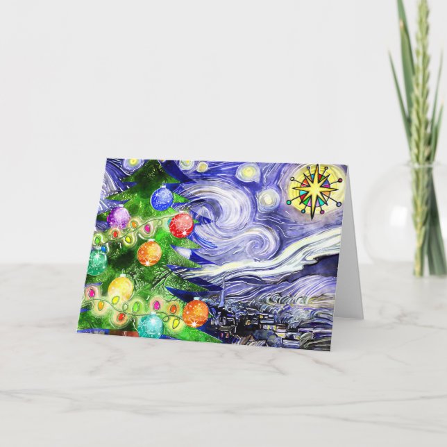 Carte Arbre de Noël étoilé Aquarelle (Devant)