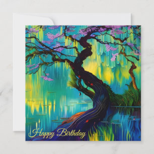 Carte Arbre rose à fleurs sur l'eau Anniversaire