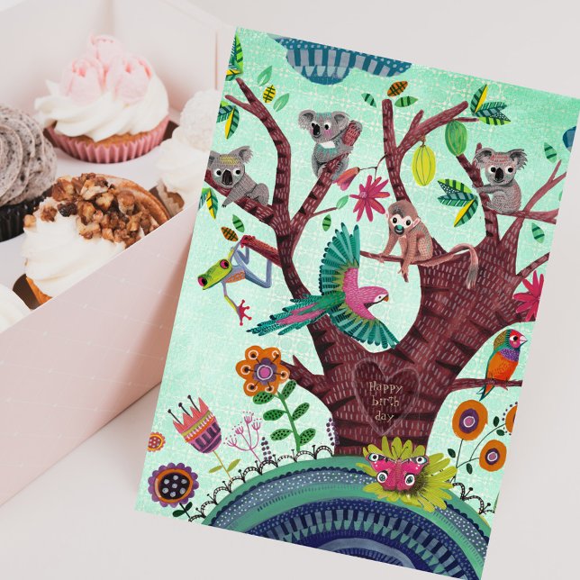 Carte Arbre vert tropical avec animaux koala anniversair (Tropical green tree with animals koala birthday card)