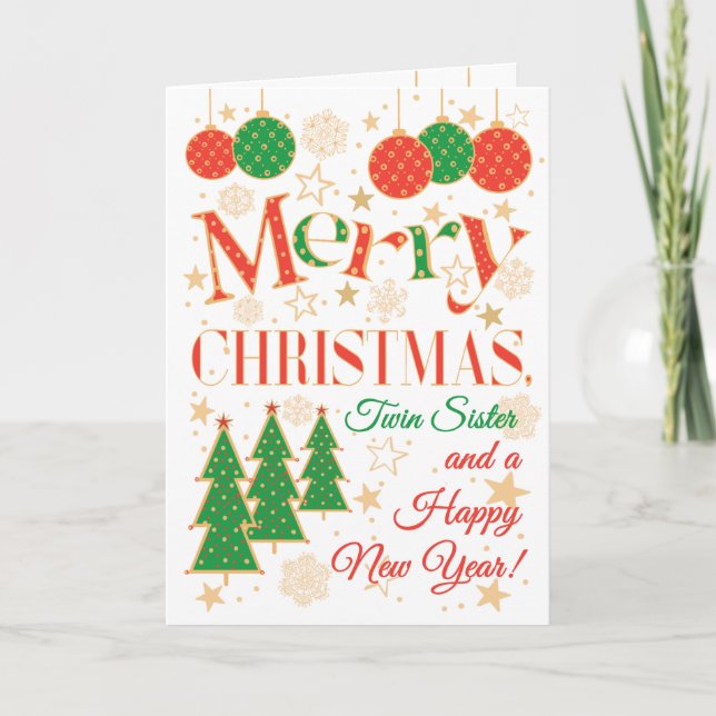 Carte Arbres de Noël et ornements pour soeurs jumelles (Devant)