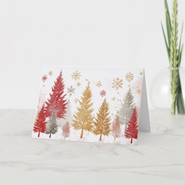 Carte Arbres de Noël rouges et or en neige mousseuse (Devant)