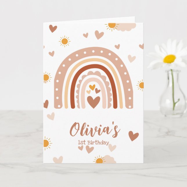 Carte Arc en ciel Boheme - 1 an Anniversaire Fille (Petite plante)