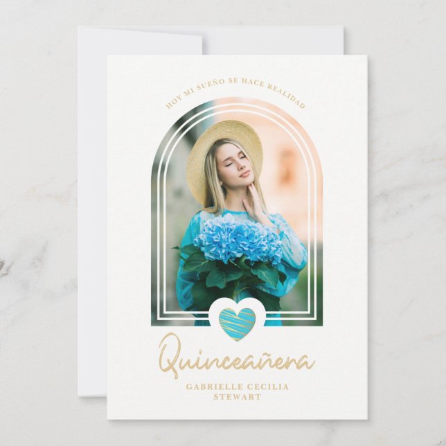 Carte Arch Spanish Modern Blue Heart Photo Quinceañera (Devant)