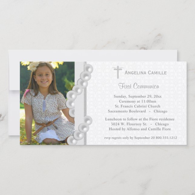 Carte Argent Damask Pearls First Communion Photo Invitat (Devant)