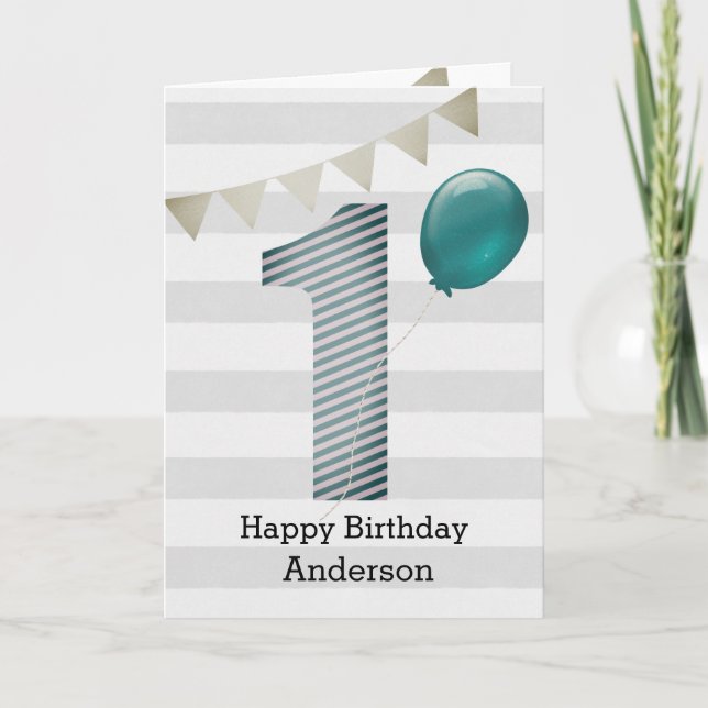 Carte Argent et bleu 1er anniversaire garçon (Devant)