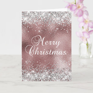 Carte Argent et Rose Or étincelant Joyeux Noël
