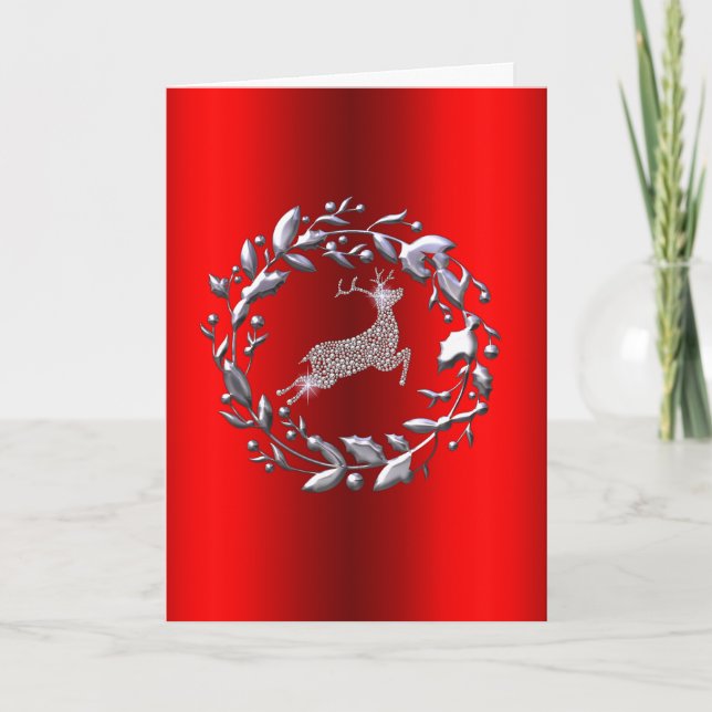 Carte Argent renne et couronne rouge Noël (Devant)
